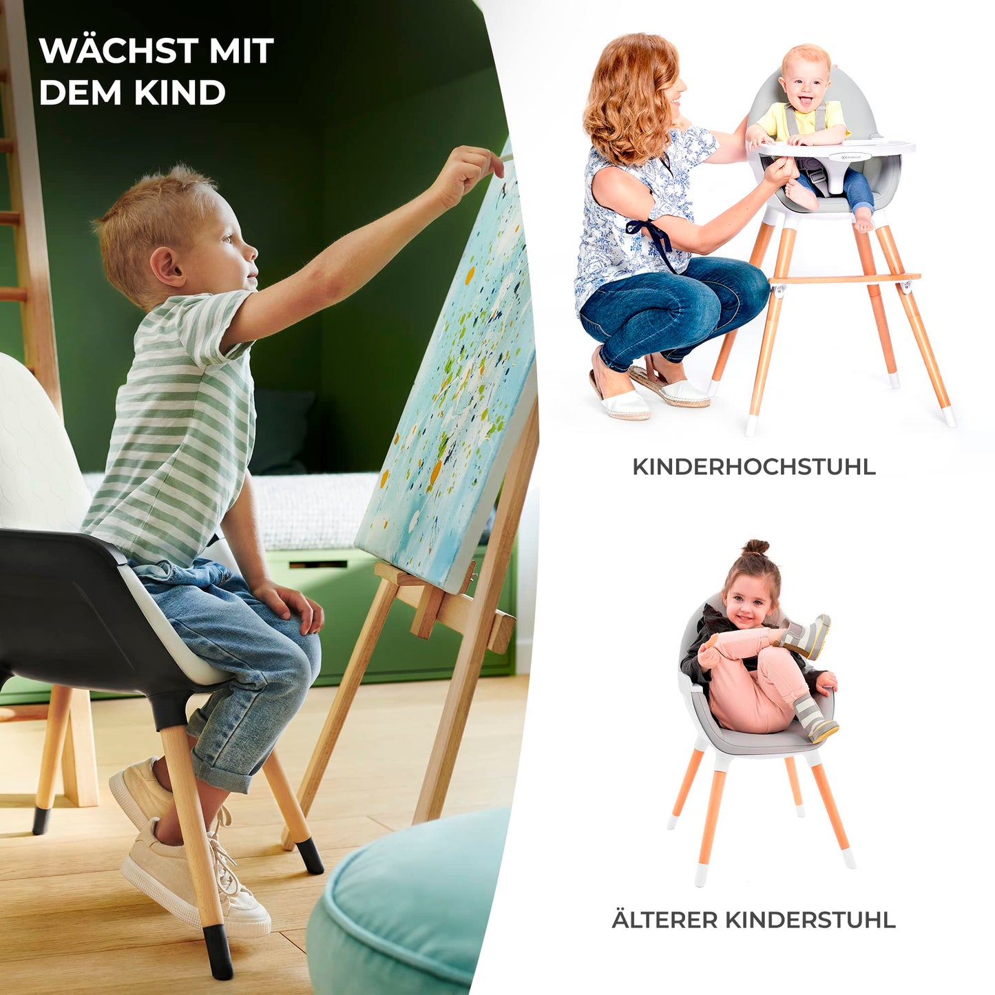 Kinderkraft FINI 2-in-1 Hochstuhl mit Holzbeinen