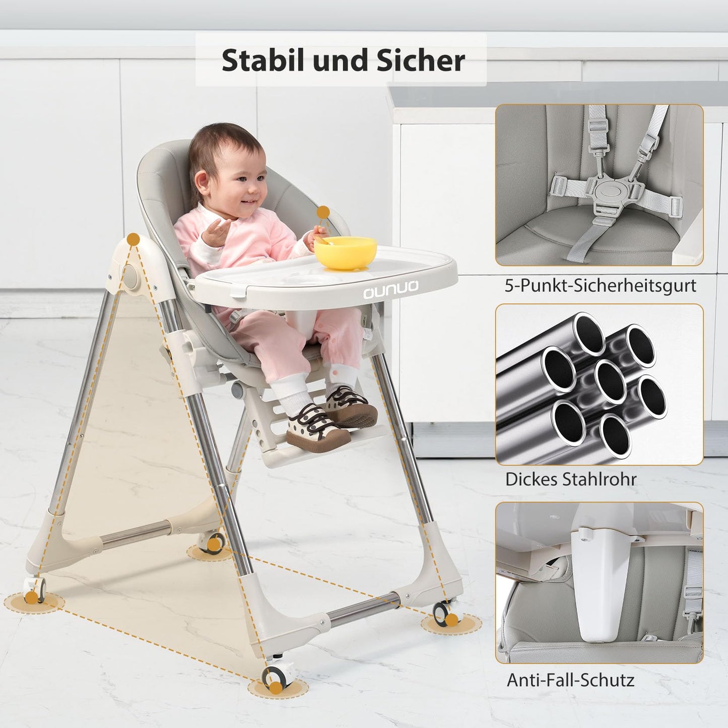 OUNUO Klappbarer Hochstuhl mit Sicherheitsgurt